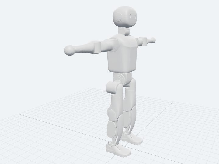 Booster K1 assembled from its official 22-DoF URDF: a compact rounded humanoid with a rectangular torso, simple arms extended in a T-pose, and articulated legs.