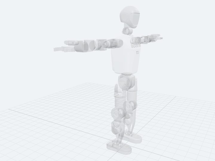 Booster T1 assembled from its official 29-DoF URDF: a translucent humanoid shell in a T-pose, with back-side links visible through the low-alpha materials declared upstream.