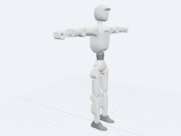 Booster T2 assembled from its official 31-DoF URDF: a tall rounded humanoid with seven-joint arms and compact hands, shown in a T-pose.