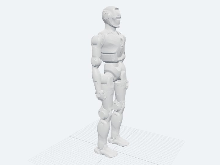 EngineAI PM01 assembled from its official URDF: a biped in a smooth white shell with a visored head, arms hanging at its sides, and broad shoe-like feet.