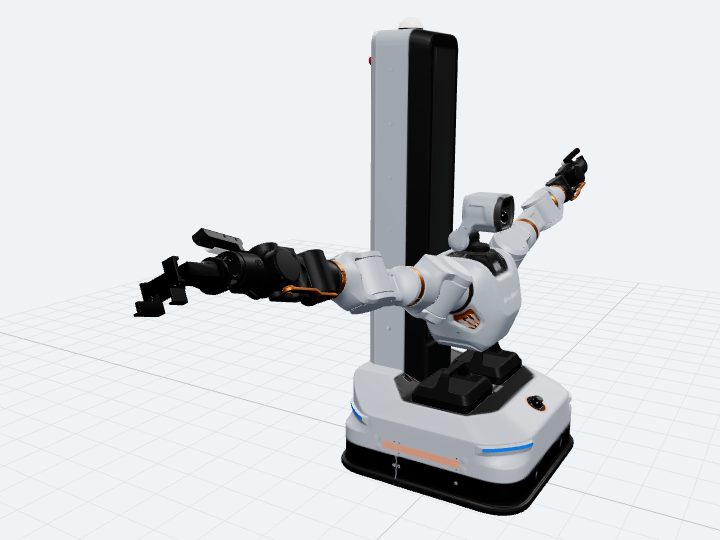 Galbot S1 assembled from its official URDF: a four-wheel steered chassis, a central column, a head, and two seven-joint arms ending in gripper flanges.