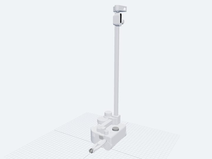 Hello Robot Stretch 3 assembled from its official SE3 URDF: a compact differential-drive base, a tall vertical lift column, a telescoping arm ending in a compliant gripper, and a sensor head.