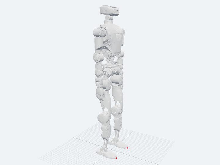 LimX HU_D04 assembled from its official base URDF: a full-size exposed-joint humanoid with a sensor head, torso shell, articulated hands, and narrow feet.