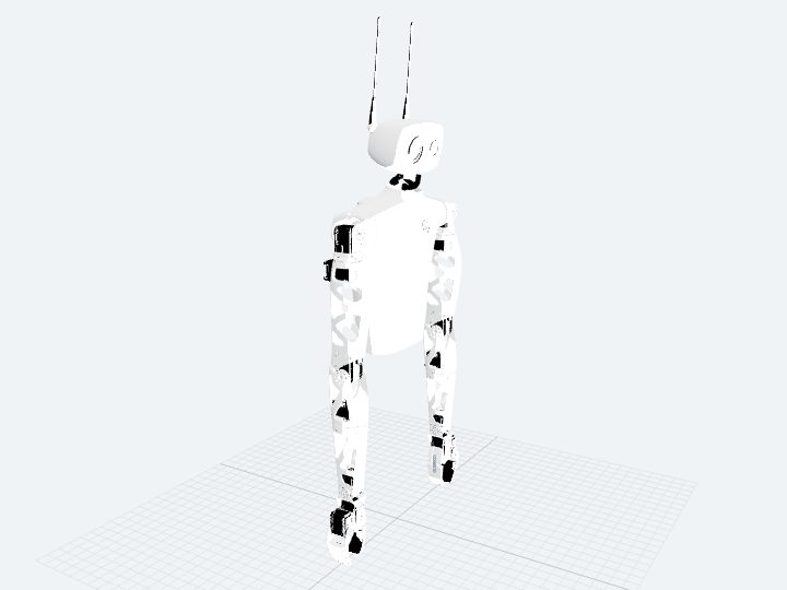 Pollen Robotics Reachy assembled from its official URDF: a white torso with no legs, a rounded head carrying two long antennae, and two arms hanging straight down past the frame.