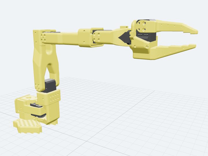 SO-ARM101 assembled from its official URDF: a low-cost arm of yellow printed brackets and exposed black servo bodies, reaching out to an open two-finger gripper.