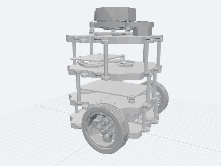 TurtleBot3 Burger assembled from its official URDF: a narrow tower of stacked grey plates on threaded standoffs, two treaded drive wheels, and a rotating lidar puck on top.