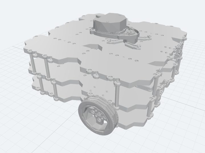 TurtleBot3 Waffle Pi assembled from its official URDF: a wide square deck of stacked grey plates on standoffs, with treaded drive wheels and a rotating lidar puck set into the top plate.