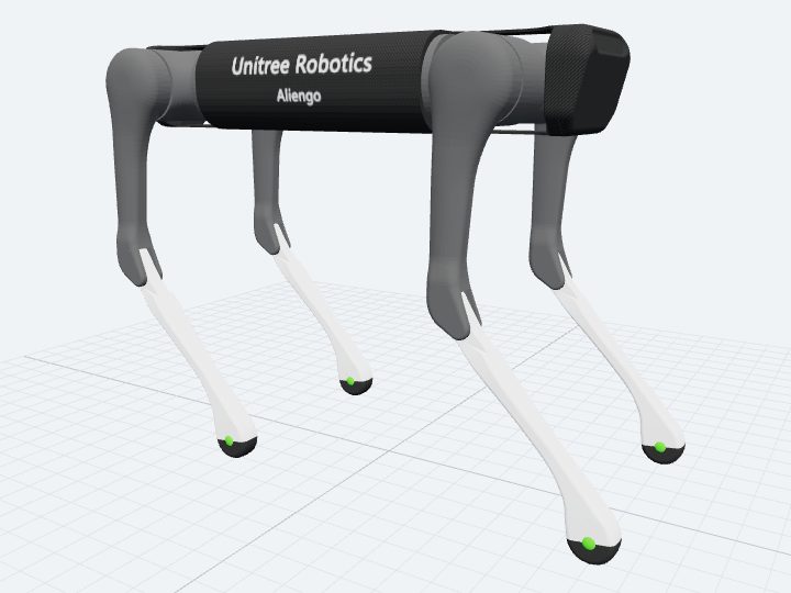Unitree Aliengo assembled from its official URDF: a research quadruped with a long rectangular trunk and four three-segment legs.