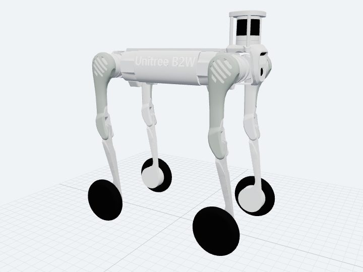 Unitree B2-W assembled from its official URDF: the B2 quadruped with a powered wheel at the end of each leg instead of a foot.