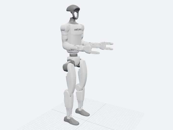 Unitree G1 in its 29-DoF configuration with articulated three-finger hands in place of the moulded rubber hands.