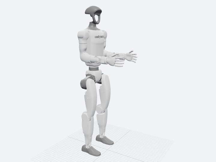 Unitree G1 assembled from its official URDF: a compact biped with jointed legs, a waist, two arms held forward, moulded five-finger rubber hands, and a visored head.