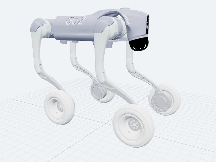 Unitree Go2-W assembled from its official URDF: the Go2 quadruped with a powered wheel at the end of each leg instead of a foot.