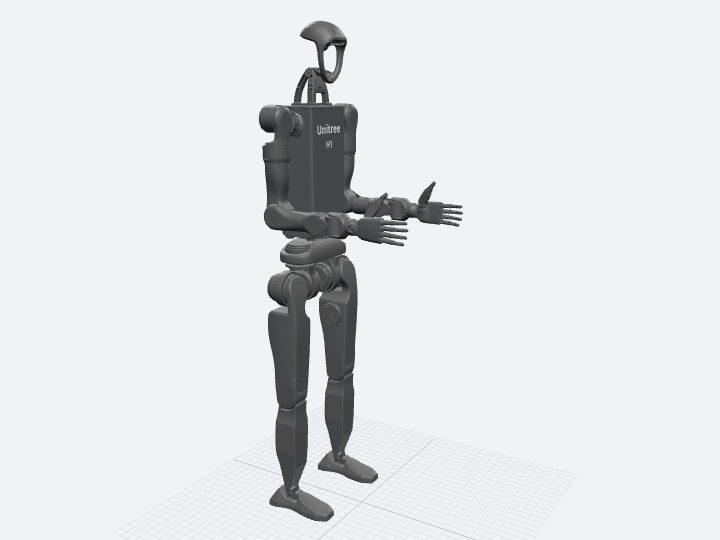 Unitree H1-2 assembled from its official URDF: a full-size biped with a taller torso than H1 and arms ending in articulated hands.