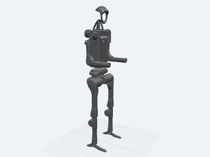 Unitree H1 assembled from its official URDF: a full-size biped with long straight legs, a boxy torso, and simple arms without hands.