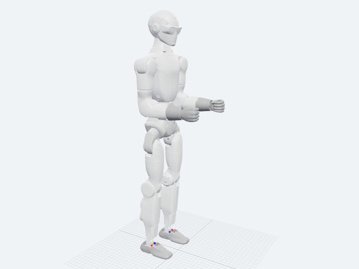 Unitree R1 assembled from its official URDF: a lightweight biped with linkage-driven ankles and a small head.