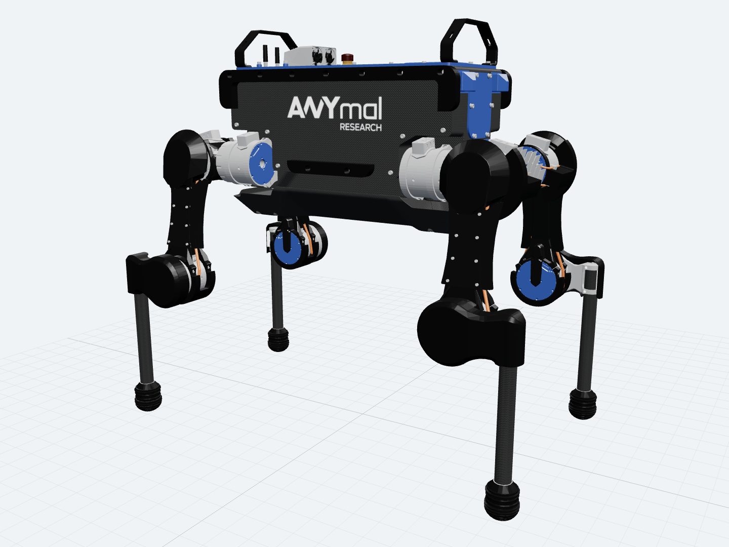 ANYbotics ANYmal B assembled from its official URDF: a quadruped with four legs whose knees fold inward and a rectangular body shell.