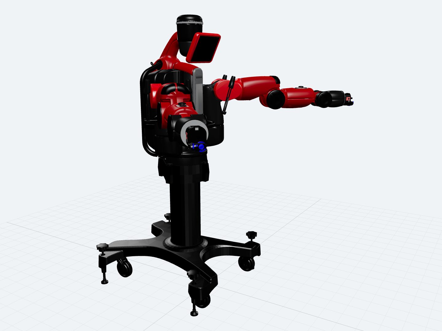 Rethink Robotics Baxter assembled from its official URDF: a red and black torso on a wheeled pedestal, a screen head tilted forward, and one seven-joint arm extended while the other folds across the chest.