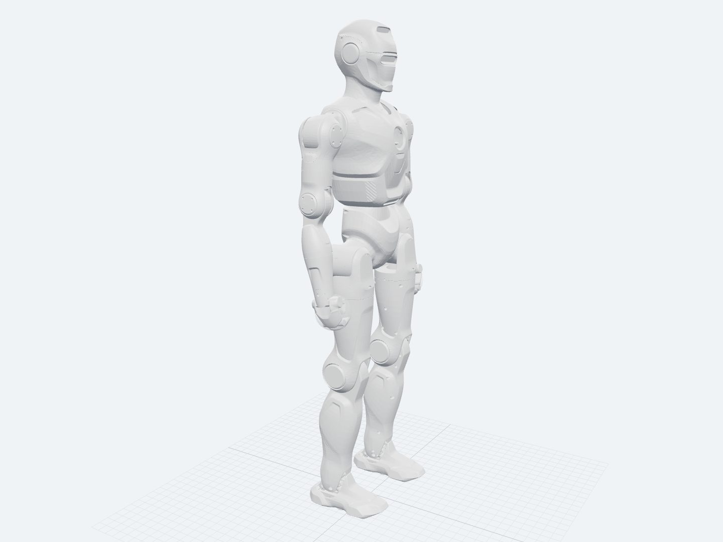 EngineAI PM01 assembled from its official URDF: a biped in a smooth white shell with a visored head, arms hanging at its sides, and broad shoe-like feet.