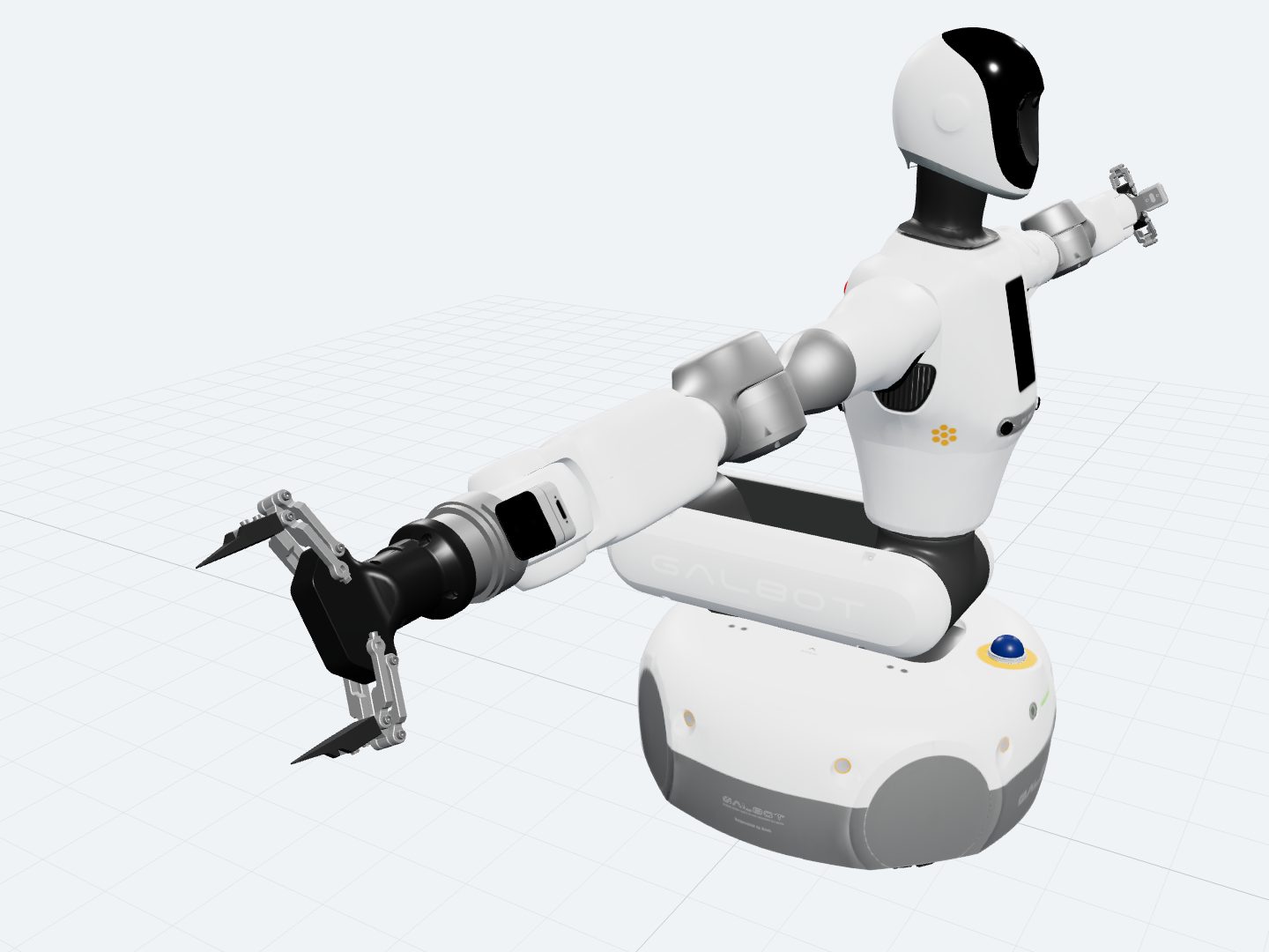 Galbot G1 assembled from its official URDF: a white omnidirectional wheeled base, a lifting torso column, a head, and two seven-joint arms held out to the sides with parallel grippers.