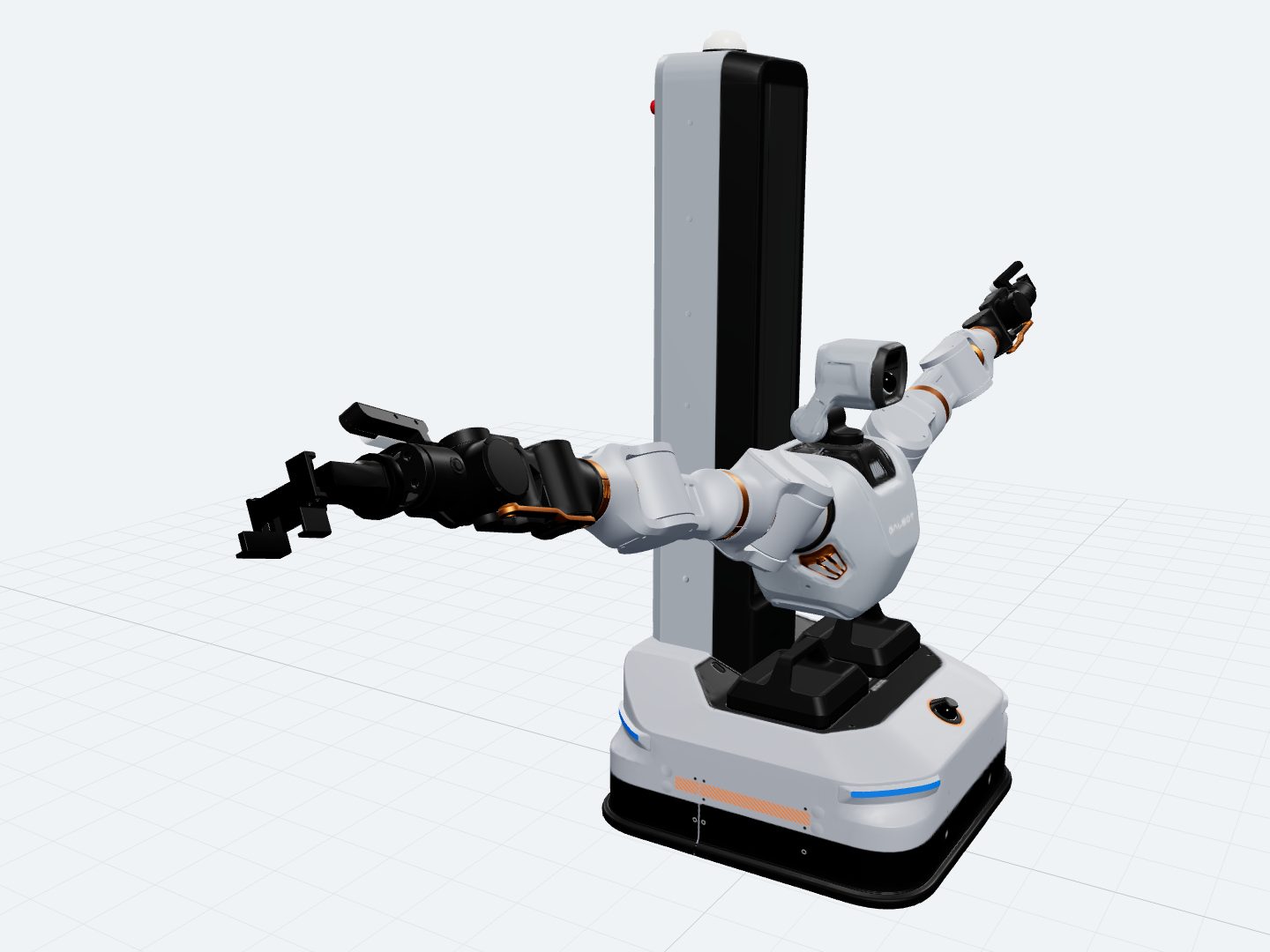 Galbot S1 assembled from its official URDF: a four-wheel steered chassis, a central column, a head, and two seven-joint arms ending in gripper flanges.