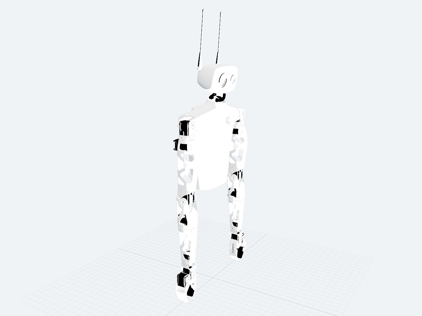 Pollen Robotics Reachy assembled from its official URDF: a white torso with no legs, a rounded head carrying two long antennae, and two arms hanging straight down past the frame.