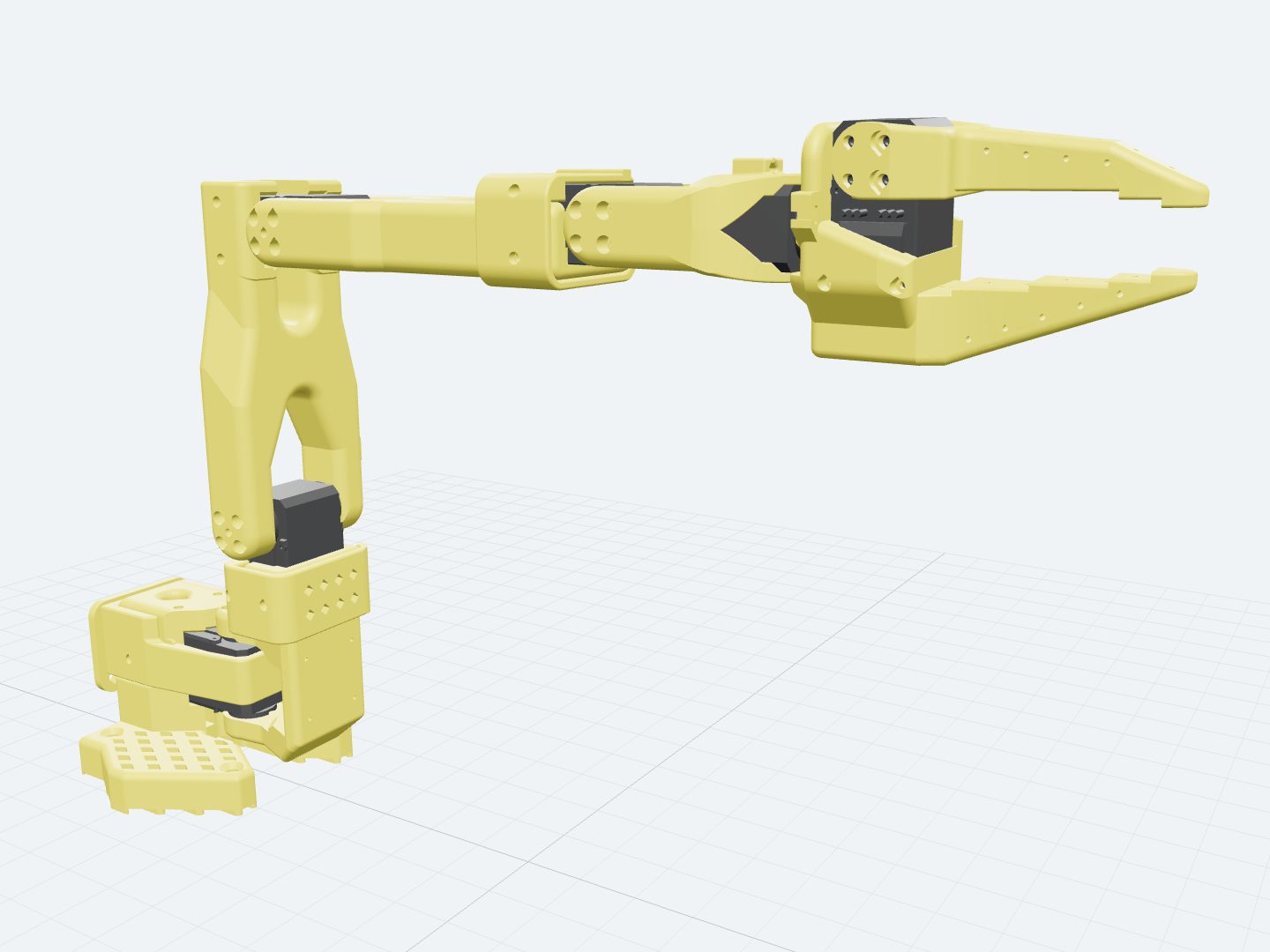 SO-ARM101 assembled from its official URDF: a low-cost arm of yellow printed brackets and exposed black servo bodies, reaching out to an open two-finger gripper.