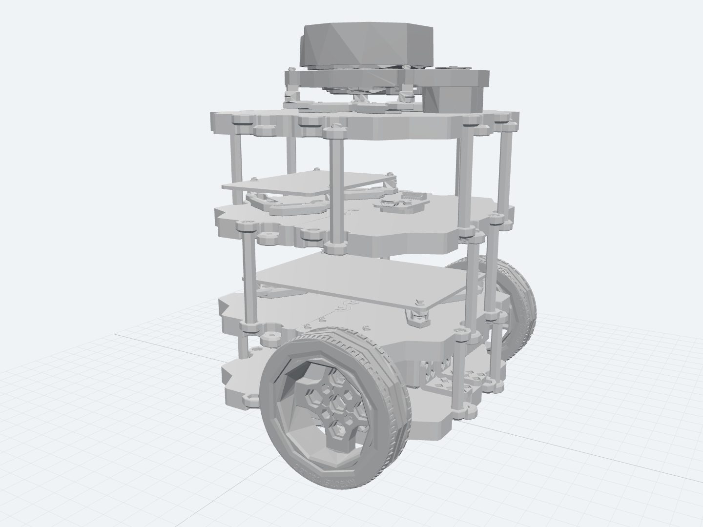 TurtleBot3 Burger assembled from its official URDF: a narrow tower of stacked grey plates on threaded standoffs, two treaded drive wheels, and a rotating lidar puck on top.
