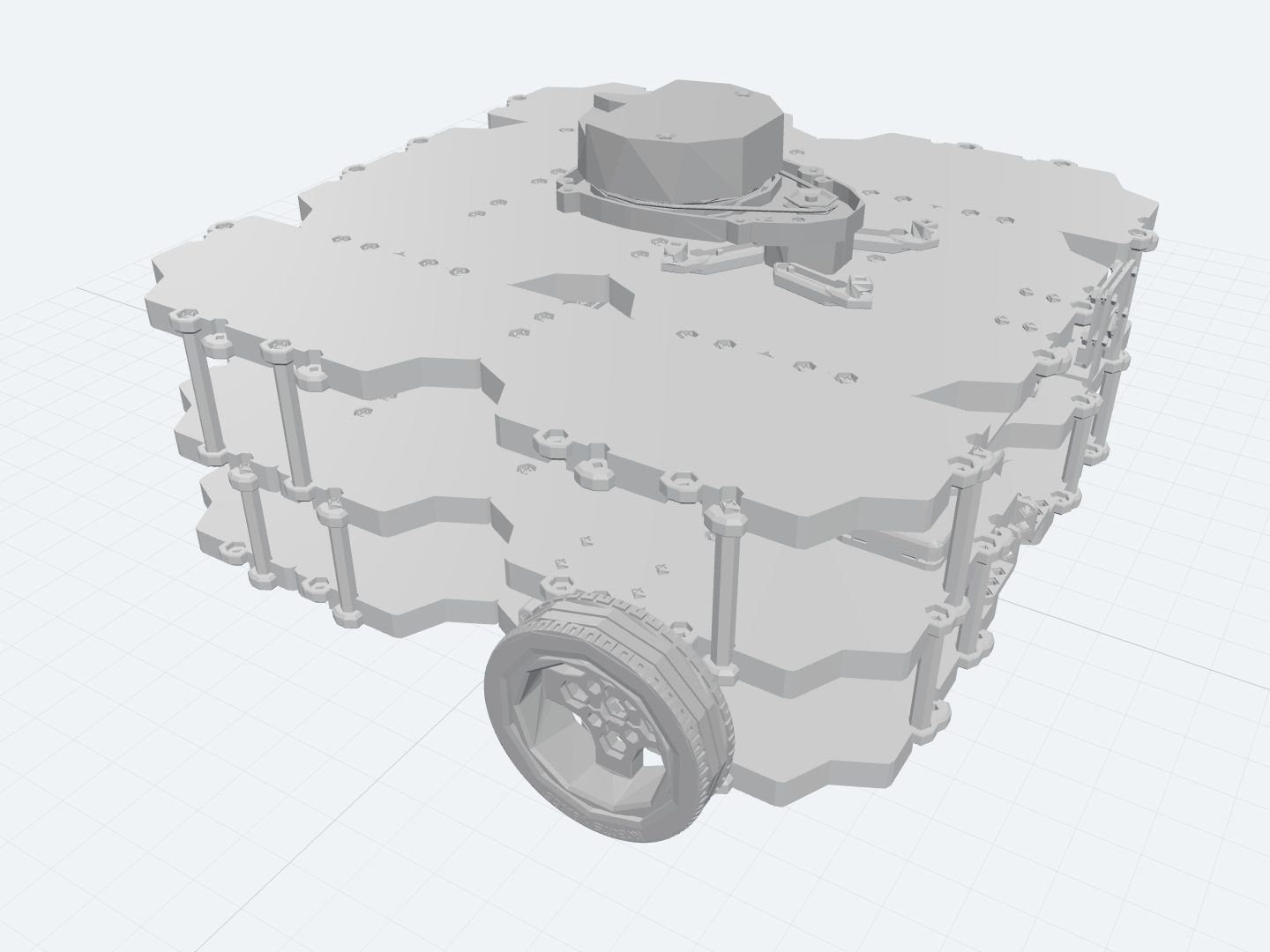 TurtleBot3 Waffle Pi assembled from its official URDF: a wide square deck of stacked grey plates on standoffs, with treaded drive wheels and a rotating lidar puck set into the top plate.