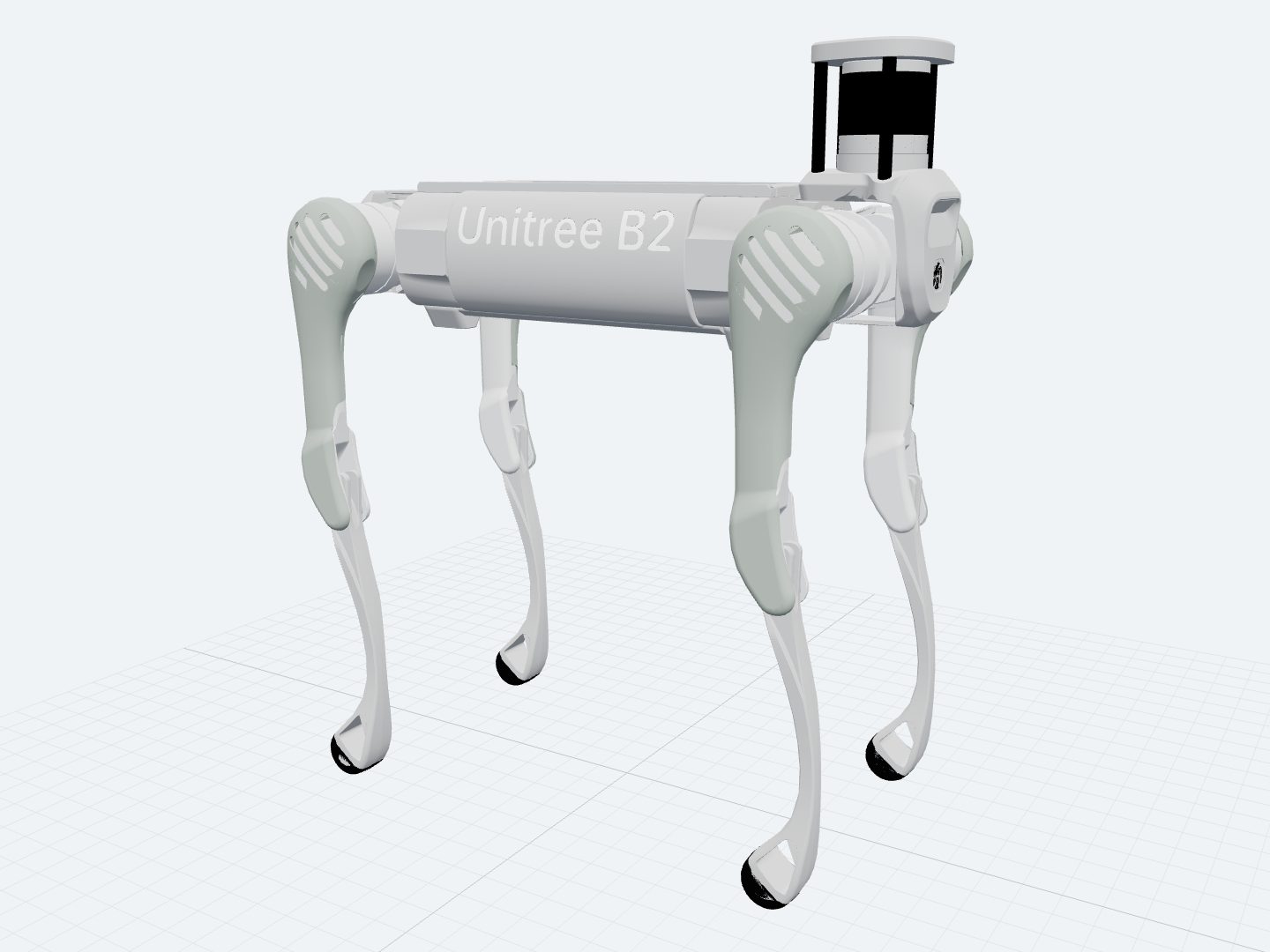 Unitree B2 assembled from its official URDF: a large industrial quadruped standing on four three-segment legs, with a payload rail on its back.