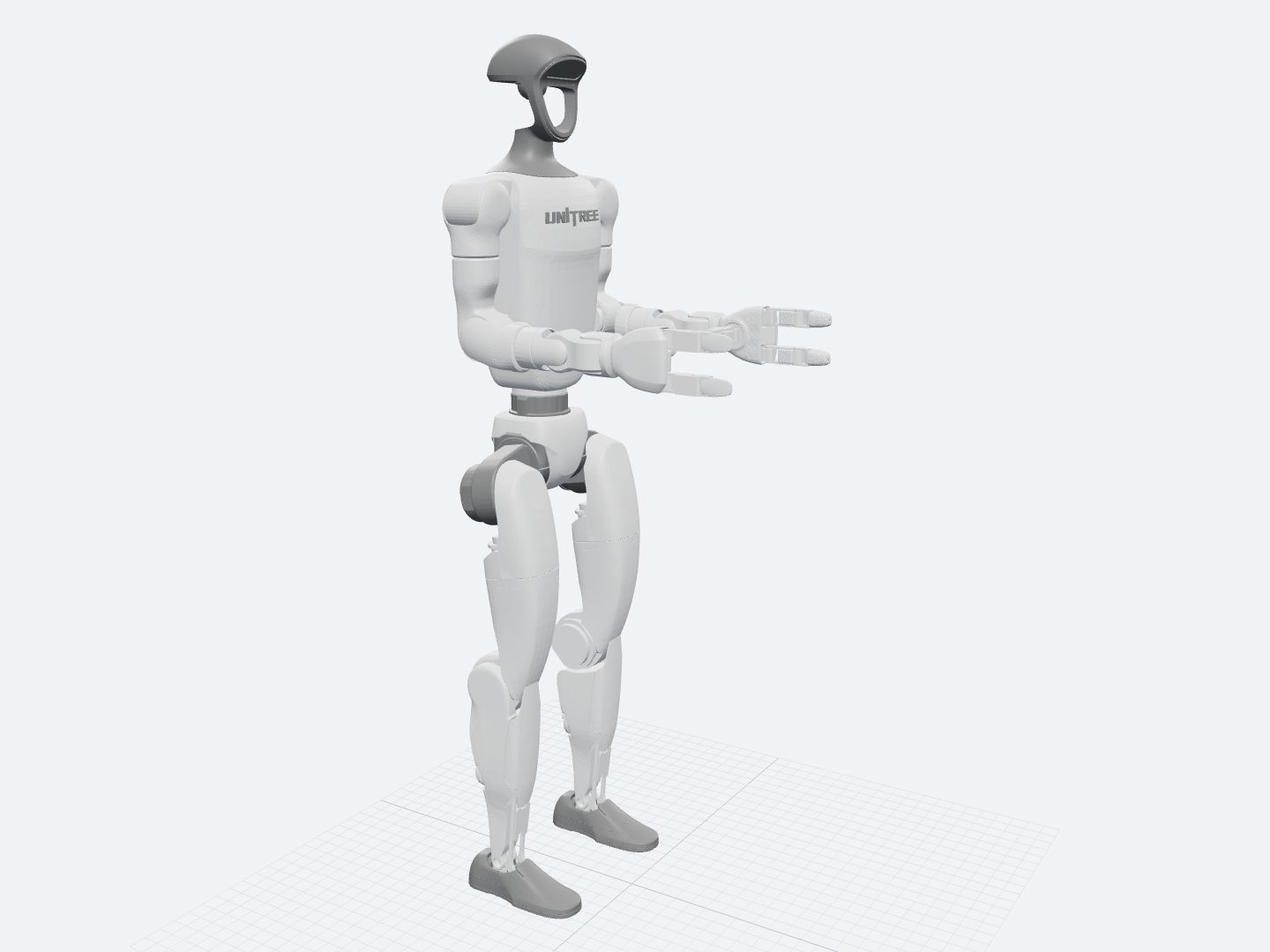 Unitree G1 in its 29-DoF configuration with articulated three-finger hands in place of the moulded rubber hands.