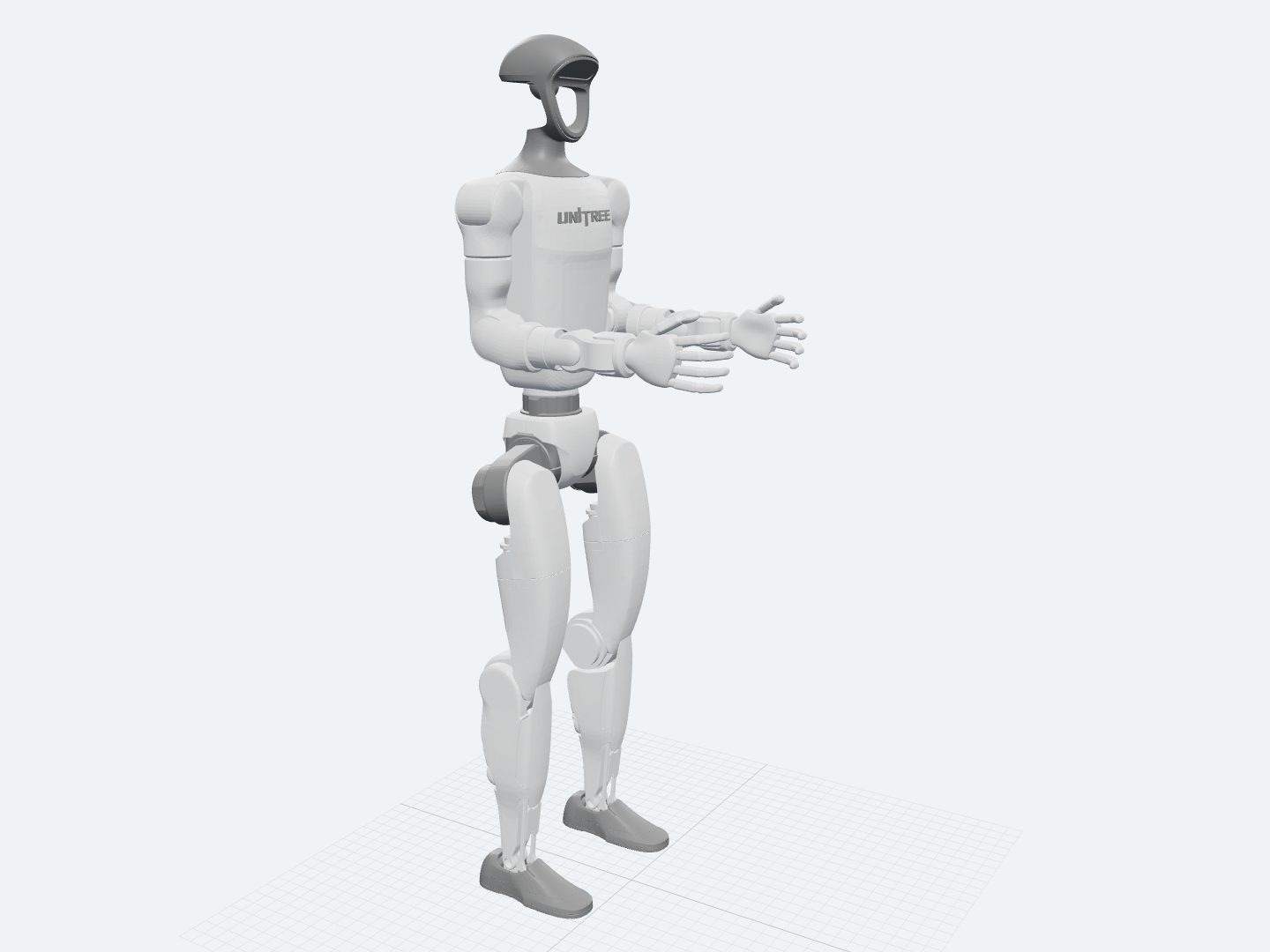 Unitree G1 assembled from its official URDF: a compact biped with jointed legs, a waist, two arms held forward, moulded five-finger rubber hands, and a visored head.