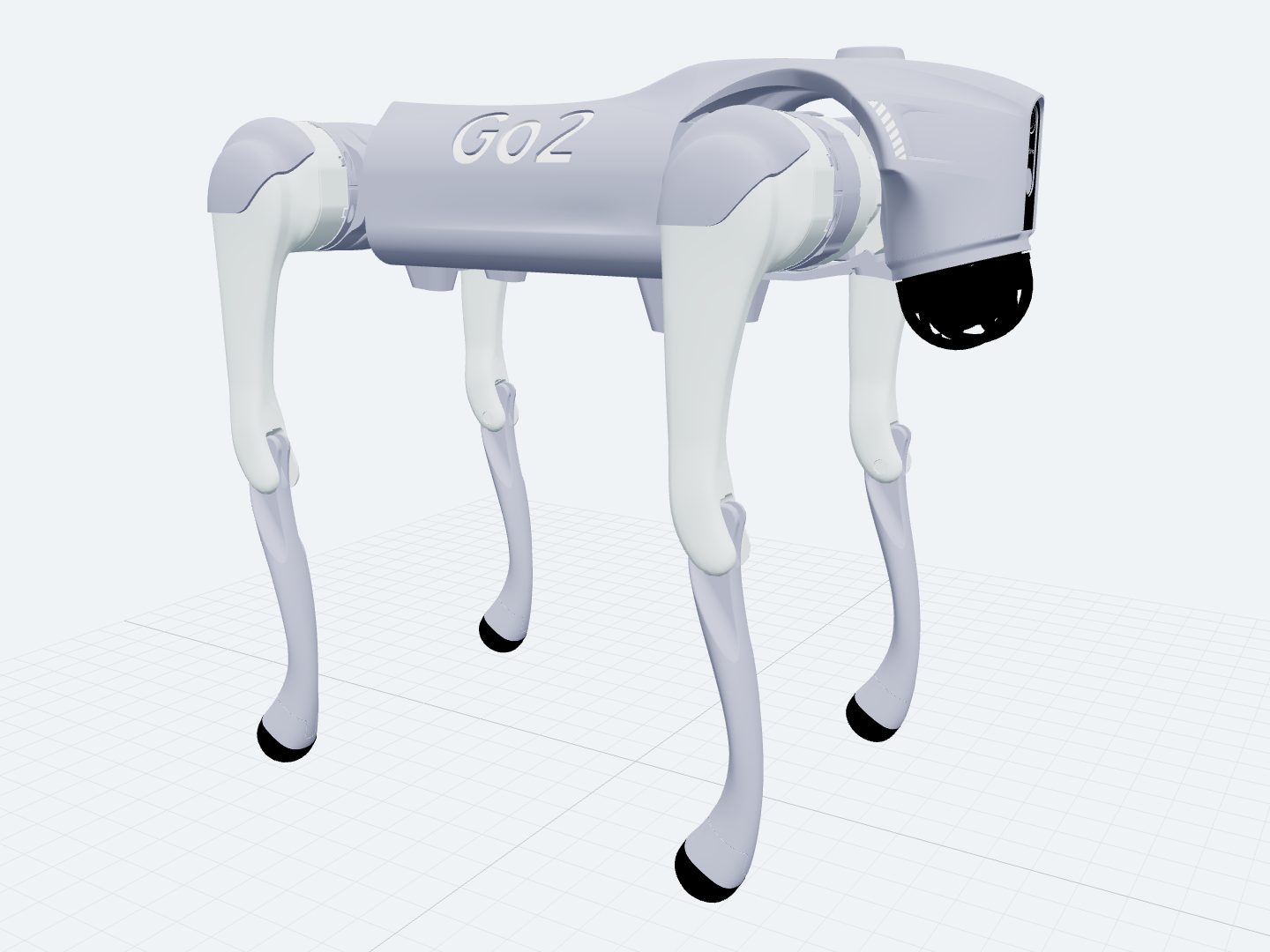 Unitree Go2 assembled from its official URDF: a small quadruped with a sensor head and four three-segment legs.