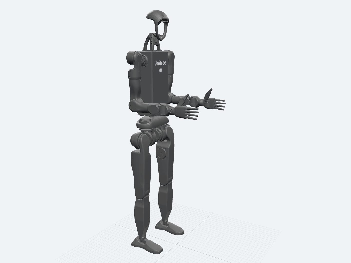 Unitree H1-2 assembled from its official URDF: a full-size biped with a taller torso than H1 and arms ending in articulated hands.