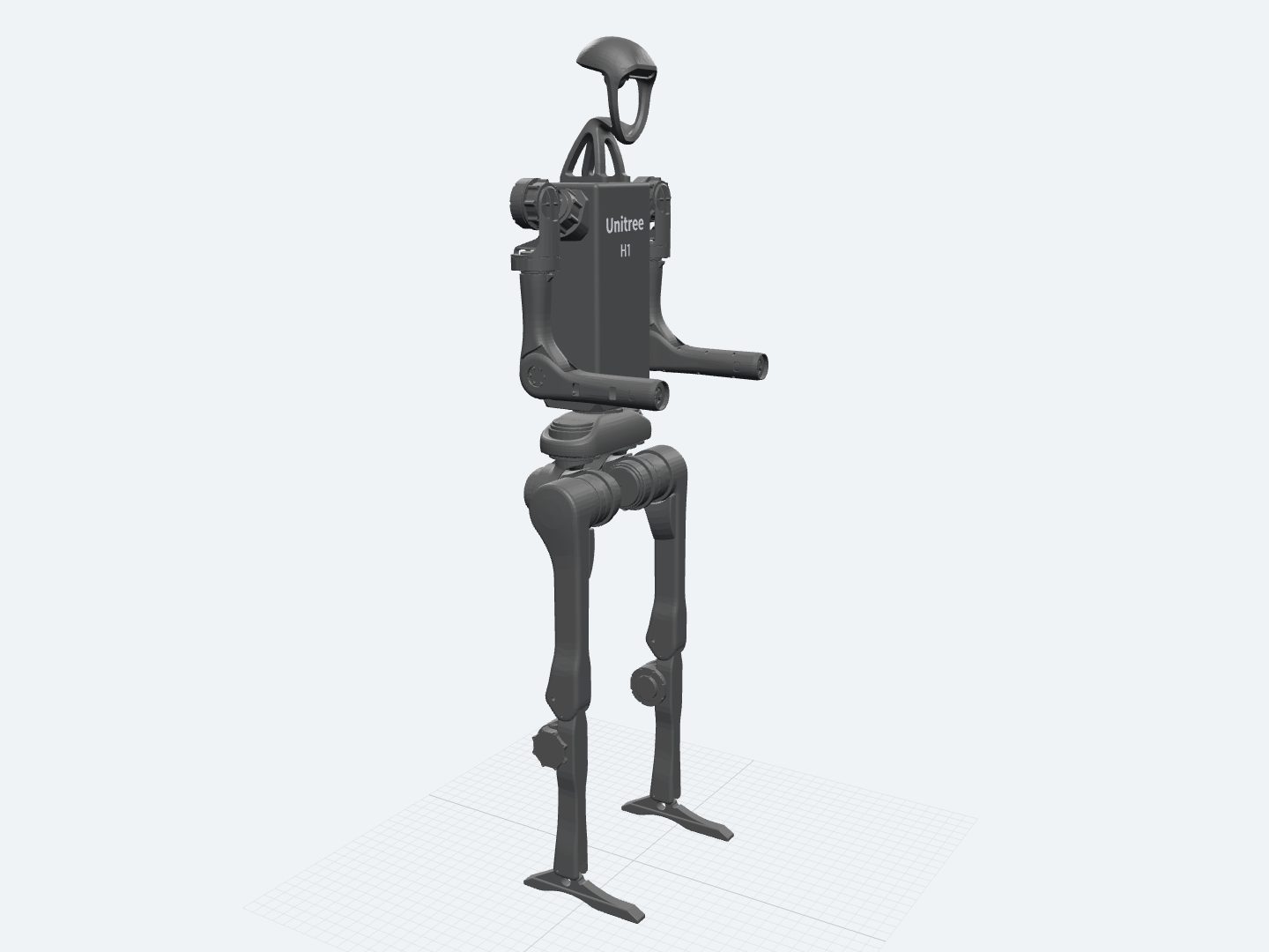 Unitree H1 assembled from its official URDF: a full-size biped with long straight legs, a boxy torso, and simple arms without hands.