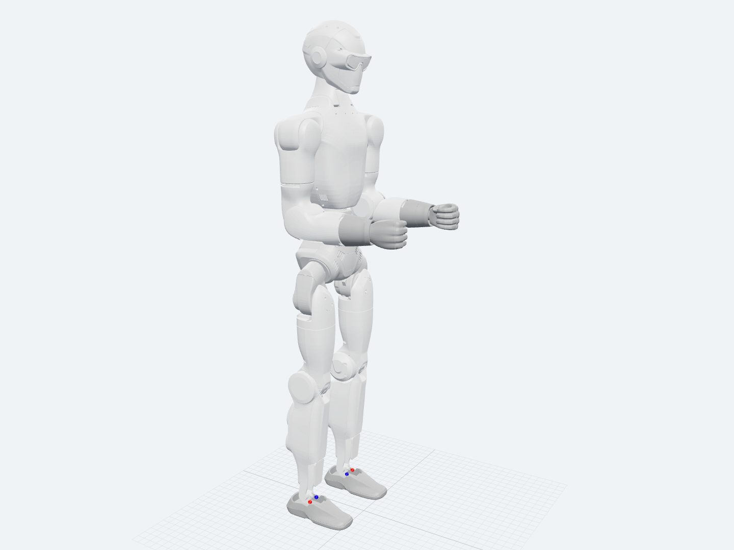 Unitree R1 assembled from its official URDF: a lightweight biped with linkage-driven ankles and a small head.